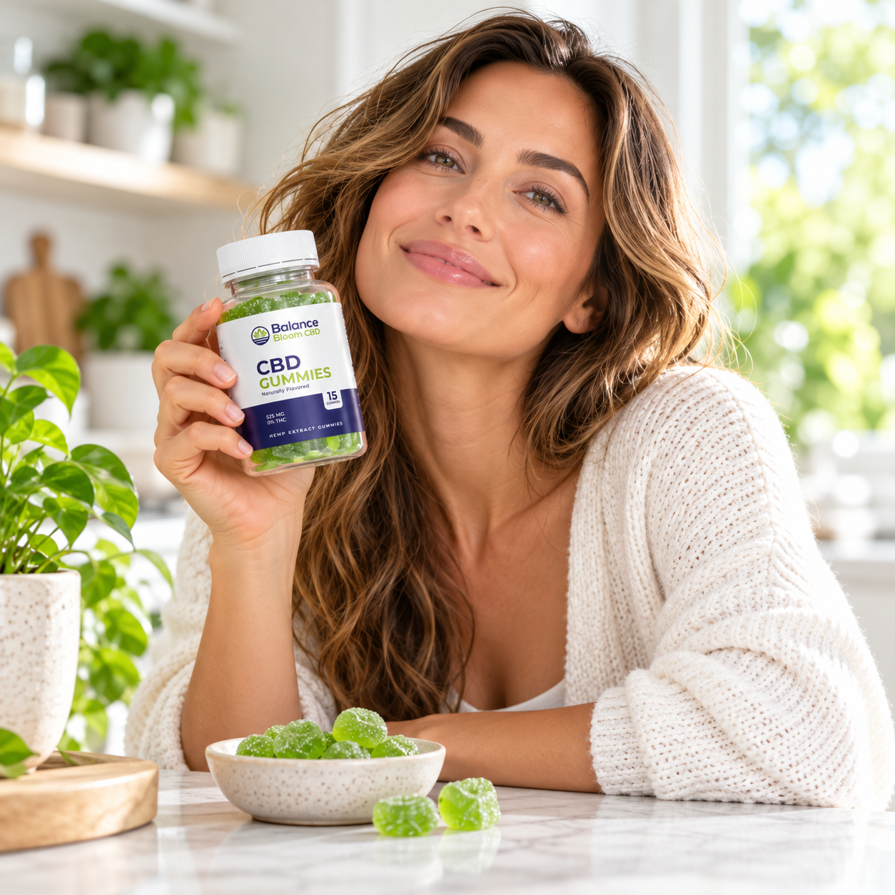 Woman holding Balance Bloom CBD Gummies