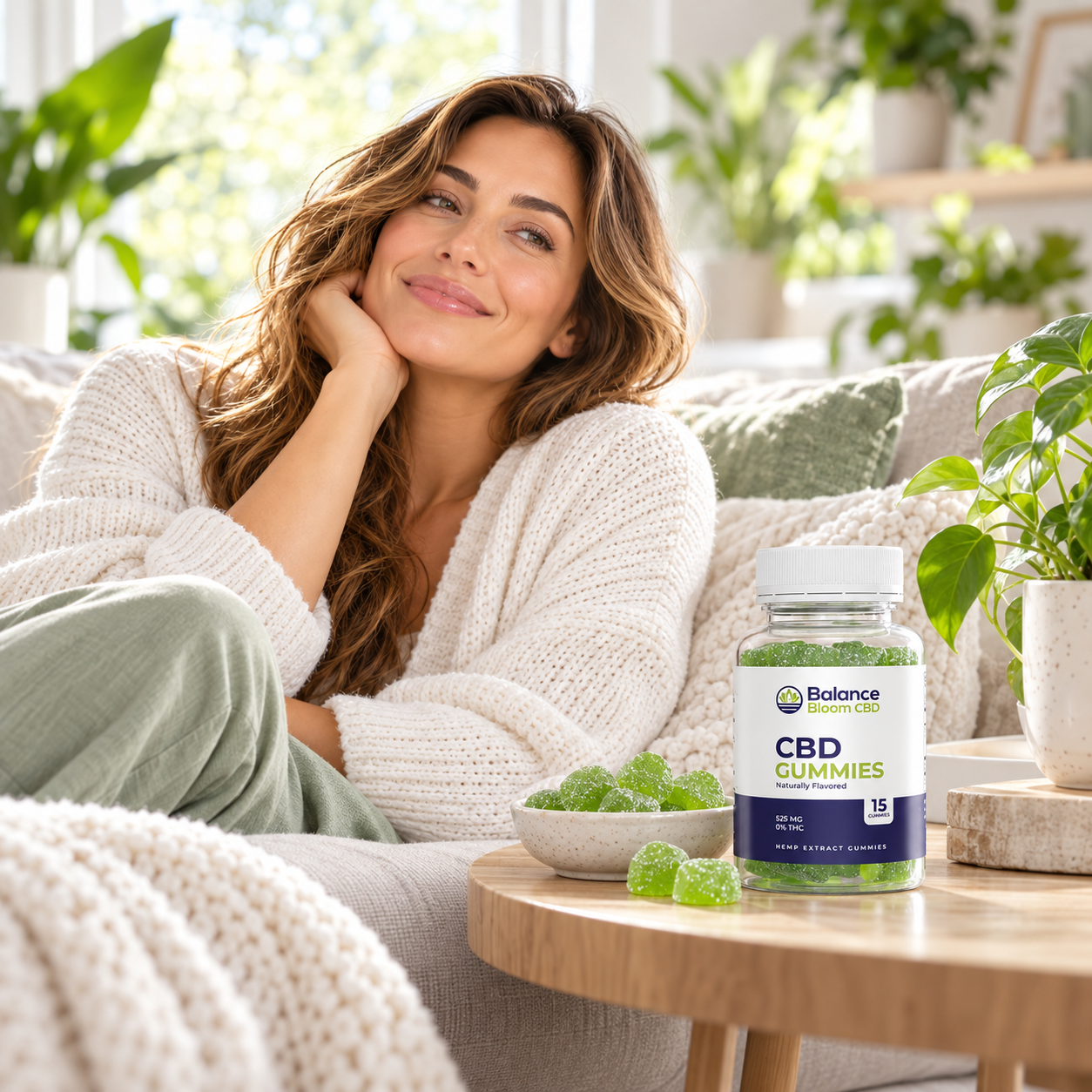 Balance Bloom CBD Gummies with woman relaxing at home